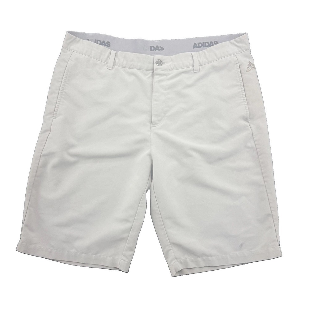 Adidas 365 Golf Shorts Mens 38 Beige Stretch Flat Front 3 Stripes Performance